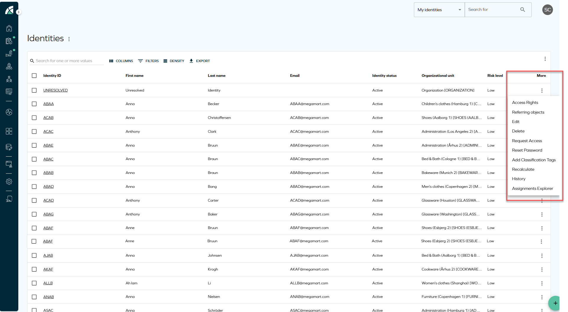 List of options from Identity list view.